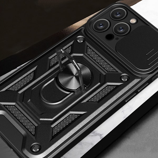 Hybrid Armor Camshield Etui til iPhone 16 Pro Max med linsebeskyttelse og stand - Sort