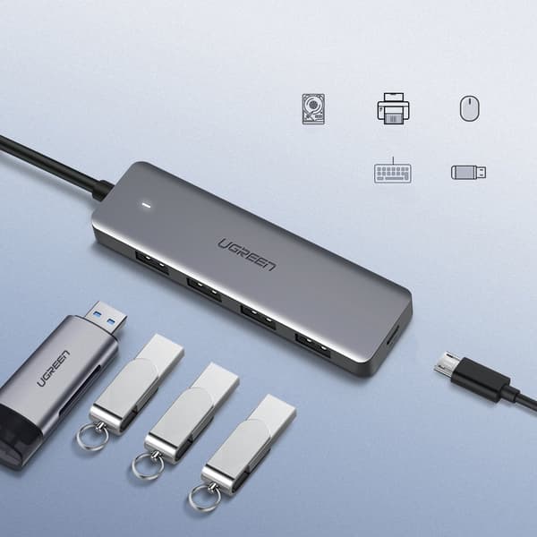 Ugreen USB Hub med 4x USB 3.2 Gen 1 och micro USB-strömport/ Grå