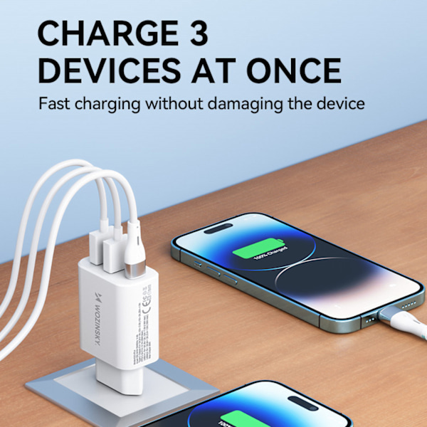 Wozinsky 30W Snabbladdare USB-C / 2x USB-A - Vit