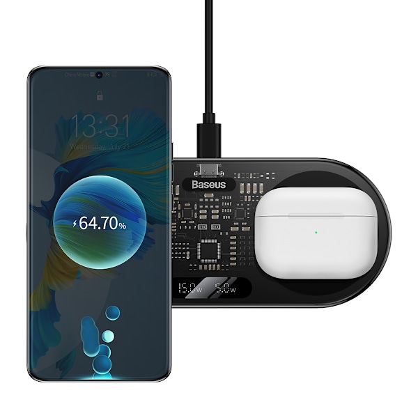 Baseus Digital LED Display Dubbel Trådlös Laddare med Digital Sk