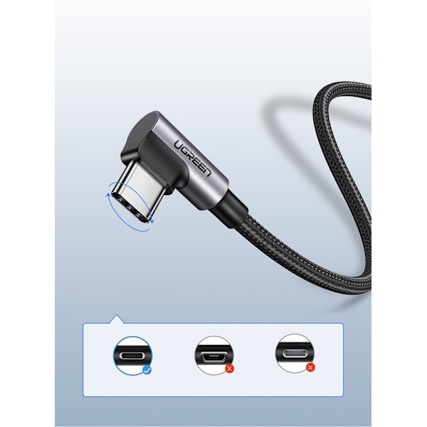 Ugreen USB-A till USB-C Kabel 3A 2m Grå - Vinklad Design