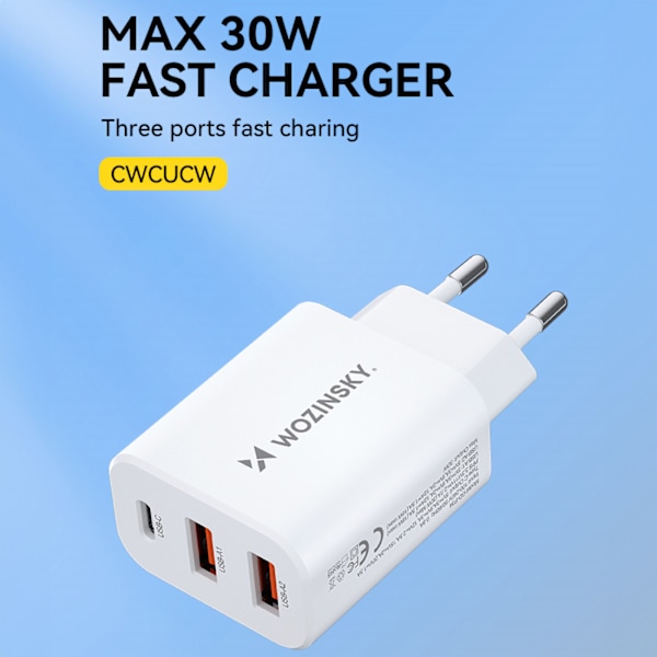 Wozinsky 30W Snabbladdare USB-C / 2x USB-A - Vit