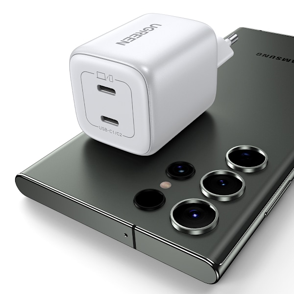 Kraftfull Snabbladdare GaN 2x USB-C 45W QC PD Ugreen CD294 - Vit