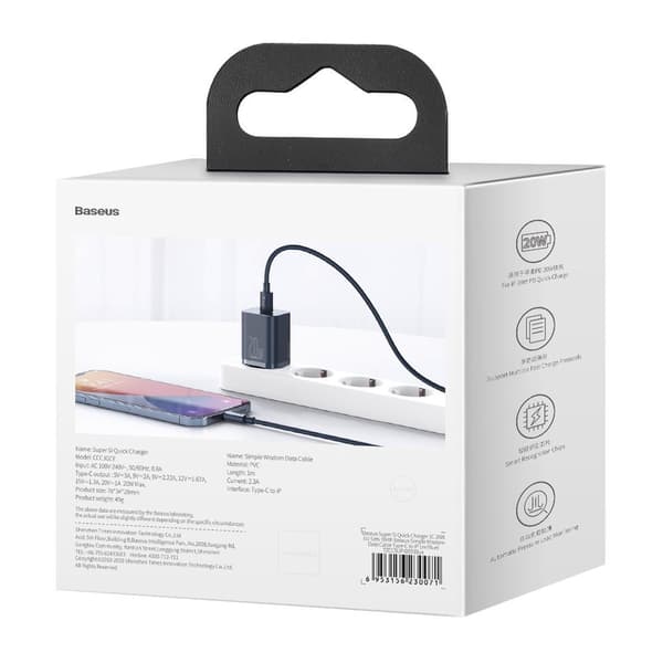Baseus Super Si 20W USB-C Snabbladdare Power Delivery + USB-C ti