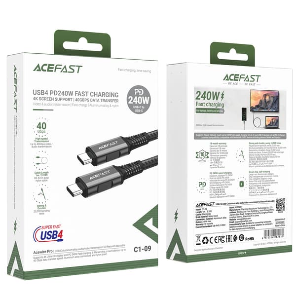 Acefast C1-09 USB-C/USB-C-kabel USB4 PD3.1 5A 1m - Grå/Svart