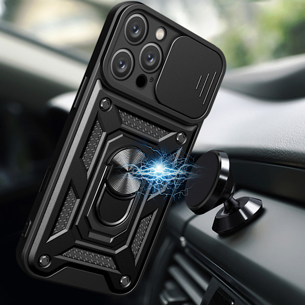 Hybrid Armor Camshield Etui til iPhone 16 Pro Max med linsebeskyttelse og stand - Sort