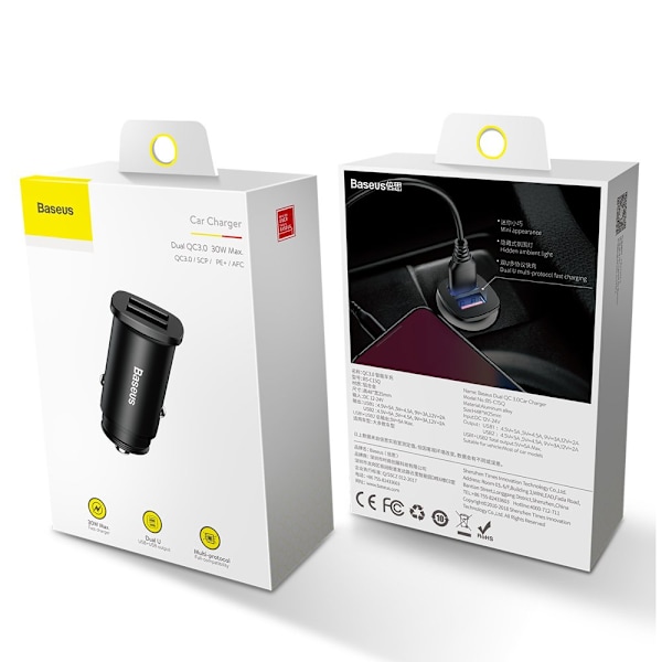 Baseus Kvadratisk Intelligenta Bil-Laddare 2X USB QC3.0 Snabblad