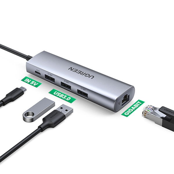 Ugreen CM266 60812 5-i-1 Adapter USB-A 3.0 till RJ45 / 3x USB-A