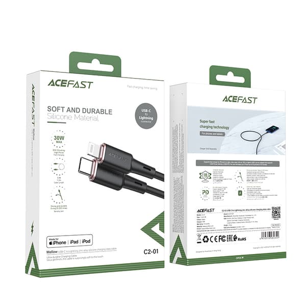 Acefast MFI USB-C till Lightning-kabel 1/2m/ 30W/ 3A svart (C2-0