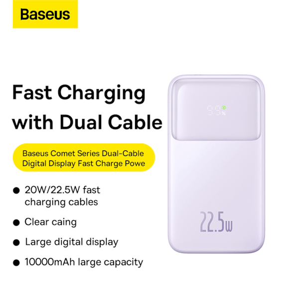 Baseus Comet Serie Powerbank med Display 10000mAh 22.5W - Lila +