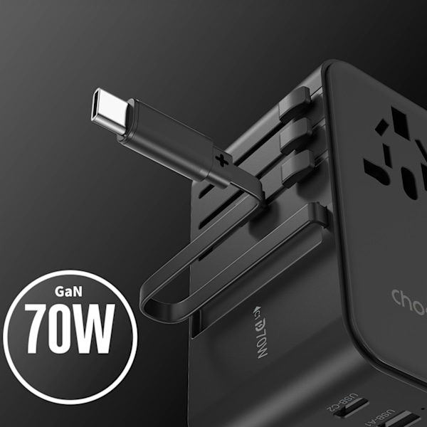 Choetech PD5022 70W Reseadapter med integrerad USB-C-kabel EU/US