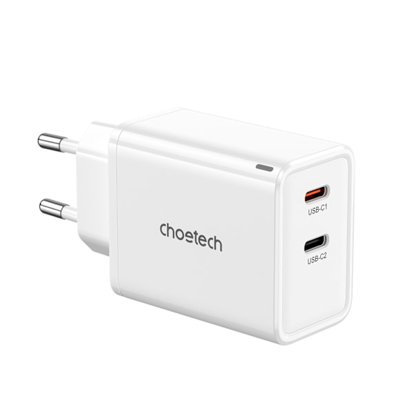 Choetech Väggladdare PD6013/ 2x USB-C/ 65W PD GaN/ Vit