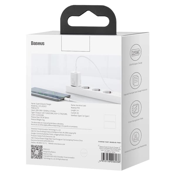 Baseus Si Snabbladdare USB-C 25W 3A med USB-C / USB-C Kabel 1m -