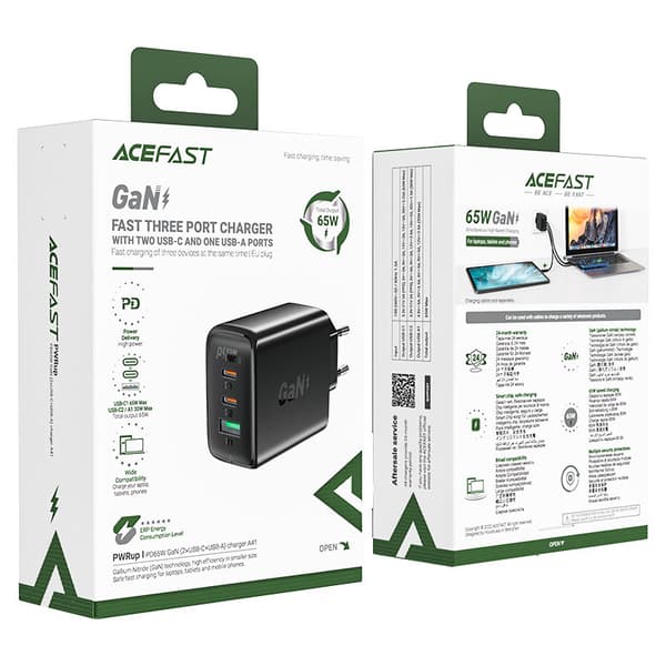 Acefast snabb GaN-väggladdare (2x USB-C / USB-A) PPS / PD / QC4+