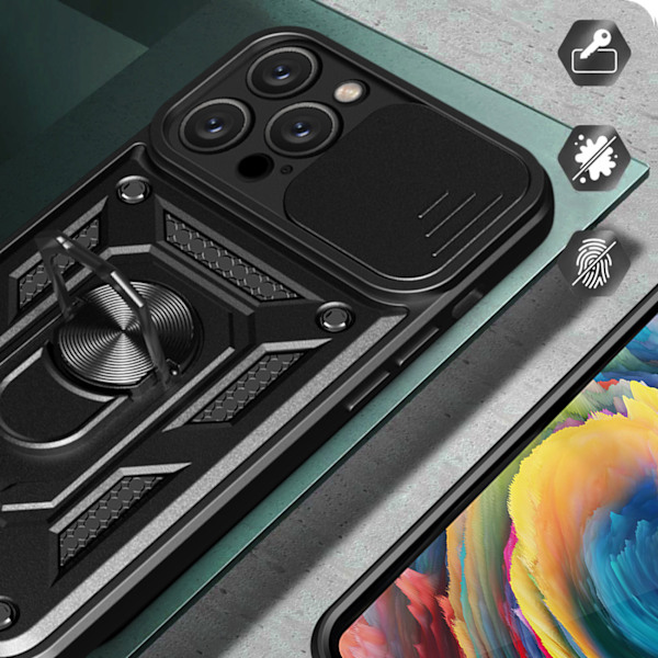Hybrid Armor Camshield Etui til iPhone 16 Pro Max med linsebeskyttelse og stand - Sort