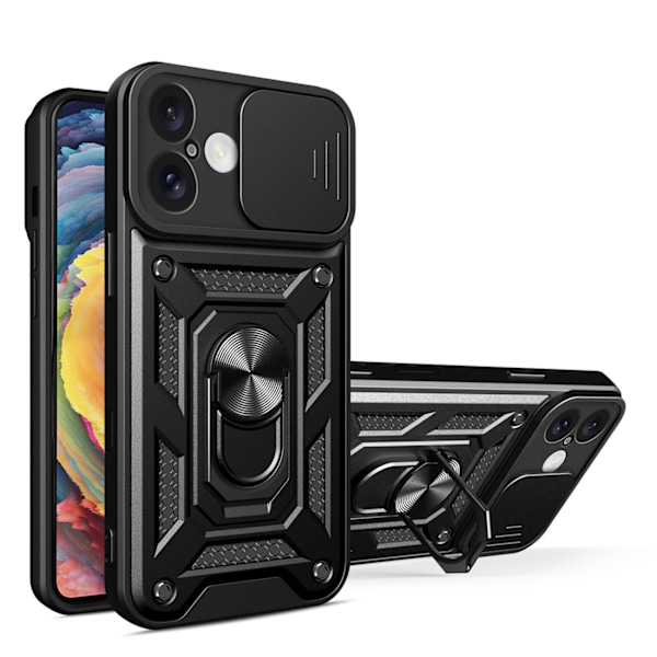 Beskyttende Hybrid Armor Etui med Kameraskærm & Stand til iPhone 16 Plus - Sort