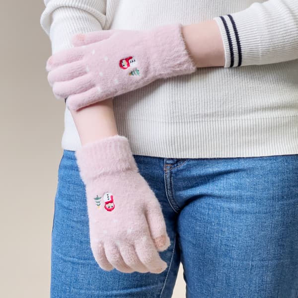 Vintertelefonhandskar för kvinnor med snögubbe och gran - rosa