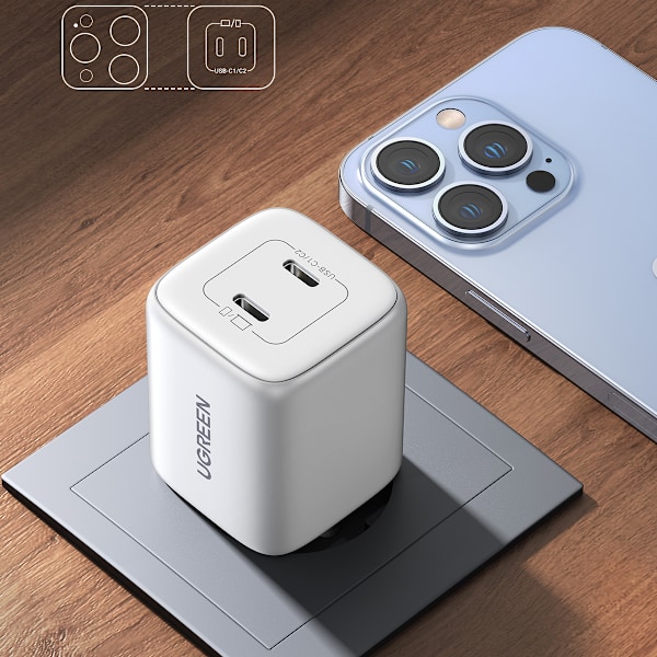 Kraftfull Snabbladdare GaN 2x USB-C 45W QC PD Ugreen CD294 - Vit
