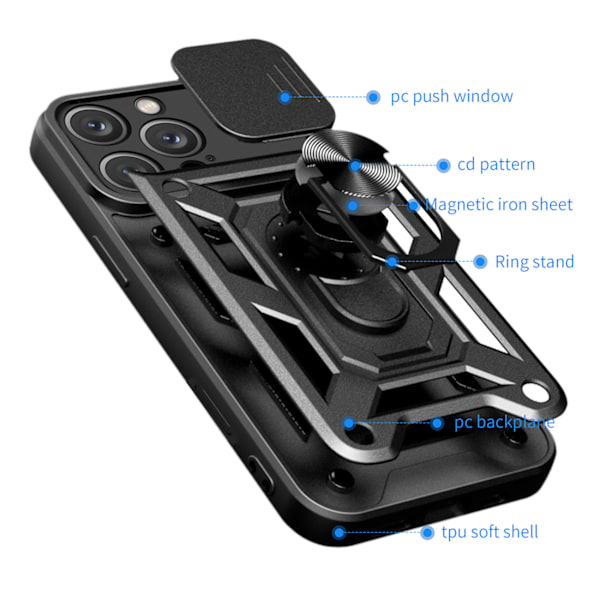 Hybrid Armor Camshield Etui til iPhone 16 Pro Max med linsebeskyttelse og stand - Sort