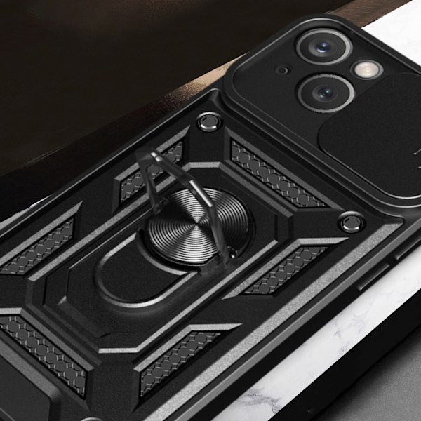 Skyddande skal med ställ och kameralinsöverdrag för iPhone 15 Pl