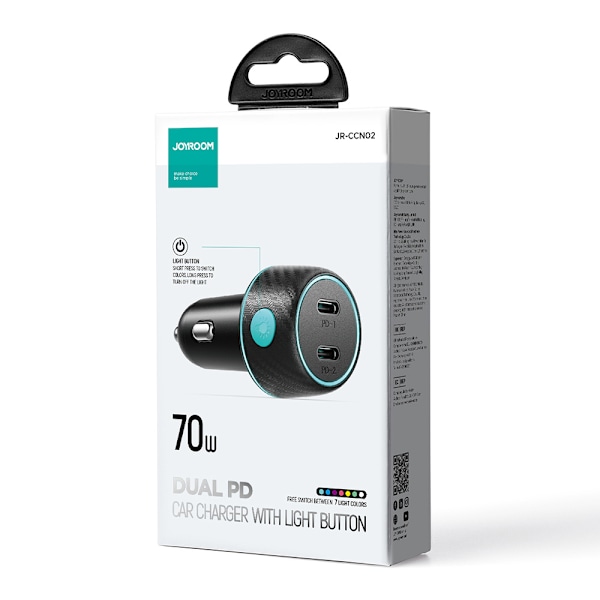 Trebiladdare Bil 2x USB C 70W med LED-belysning Joyroom JR-CCN02