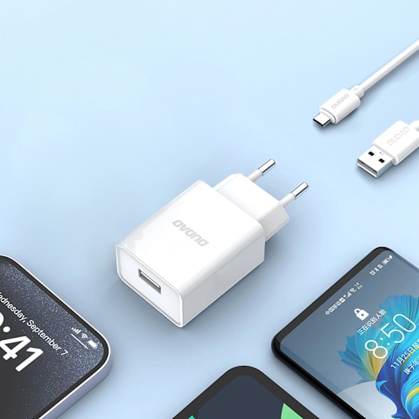 Dudao A4EU USB-A Nätladdare 2.1A - Vit + USB-A till Micro USB-Ka