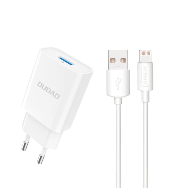 Dudao A4EU Väggladdare USB-A 2.1A Vit + USB-A till Lightning Kab