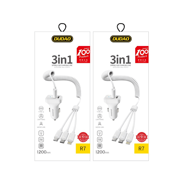Dudao Biladdare Set: Dubbel USB 2.4A + 3-i-1 Kabel Lightning/Typ