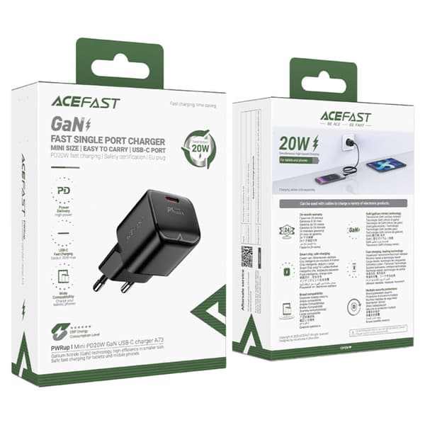 Acefast A73 Mini GaN USB-C Nätadapter 20W PD - Svart