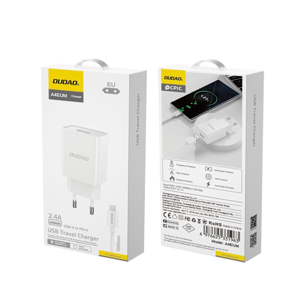 Dudao A4EU USB-A Nätladdare 2.1A - Vit + USB-A till Micro USB-Ka