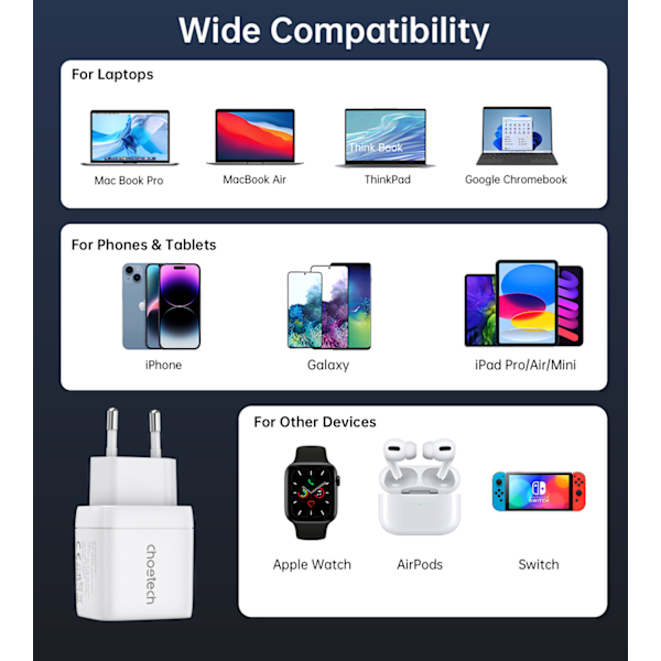 Choetech GaN Väggladdare PD6051/ 2x USB-C/ 35W/ med Skärm/ Vit