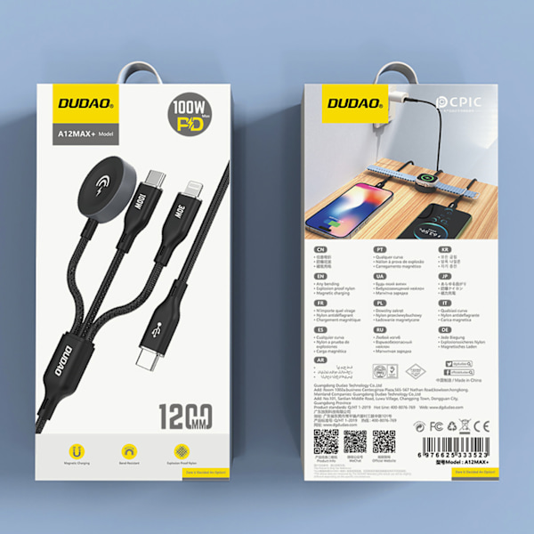 Dudao A12Max+ PD 100W 3-i-1 Laddkabel för Apple Watch: USB-C Lig
