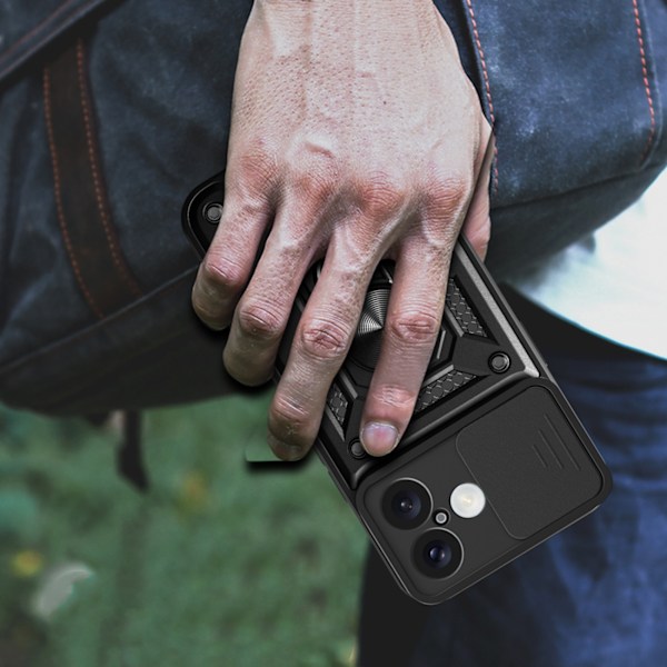 iPhone 16 Camshield Hybrid Armor Cover med Kamera Beskyttelse og Stander - Sort