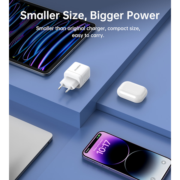 Choetech PD6052 USB-C och USB-A PD 35W GaN Laddare med Display -