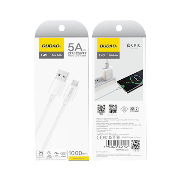 Dudao L4SM USB-A till mikro USB Kabel/ 2A/ 1m - Vit