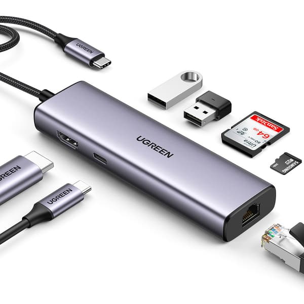Ugreen CM512 USB-C Adapter - 2x USB-A 3.0/ HDMI/ RJ45/ SD/TF-kor