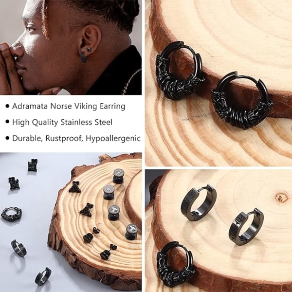 Mäns örhängen, svart rostfritt stål Nordic örhängen, 10mm falska örhängen perforerade brosk örhängen