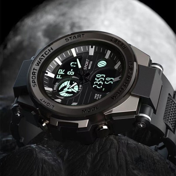 Elektronisk watch för män Quartz Movement Dual Display Digital watch med självlysande ljusdatum för Student Svart