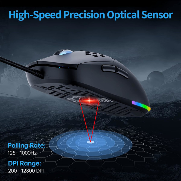 Kabelansluten spelmus dpi 12800, 6 programmerbara musknappar, anpassningsbar RGB, ergonomisk datormus svart