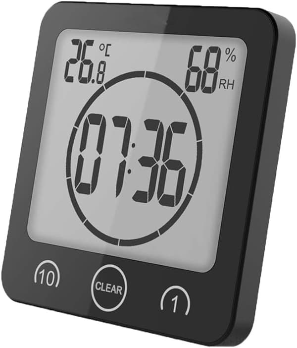 Badrumsklocka, vattentät pekkontroll duschklocka, LCD digitalt larm, termometer hygrometer, nedräkningstimer, batteridriven, för sminkkök