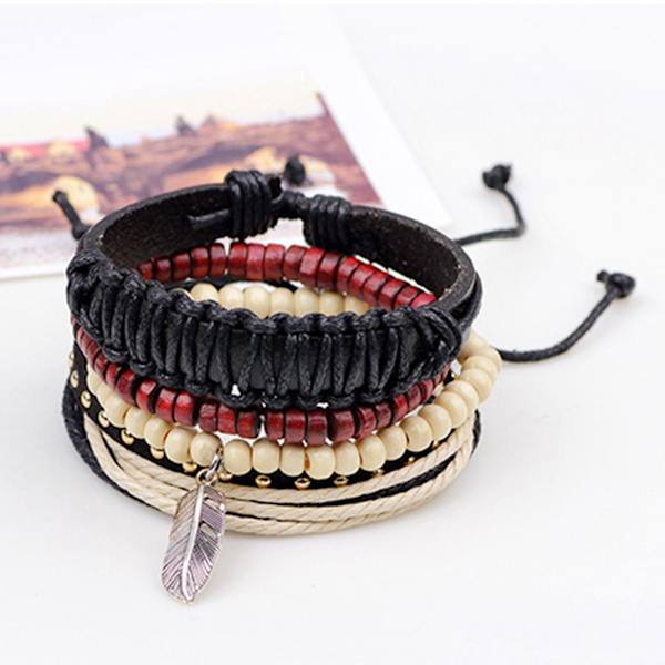 Justerbar Mode Enkel Multilevel Retro Faux Feather Beaded Woven Wrist Armband Set