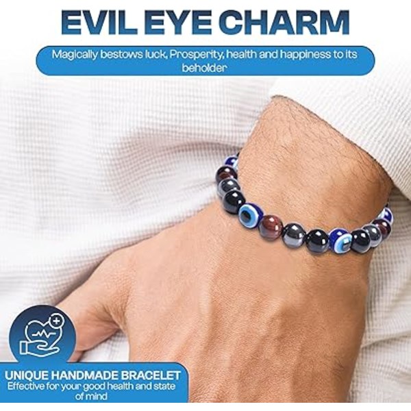 Evil Eye-armband - unisex -smycken för skydd, förmögenhet, god karma, positivitet - Snygg charm med tigeröga och obsidianstenar - 8 mm pärlor, 7" annons
