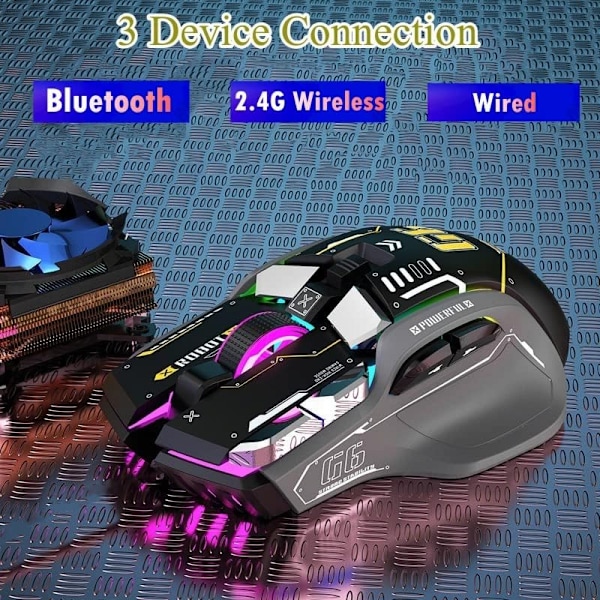 G6 trådlös spelmus, Bluetooth mus, 3-lägesanslutning, Mecha Style Design, 12 nycklar, 11 RGB-belysning, 5 DPI Justerbar, 4000 FPS, Ergonomi, PC