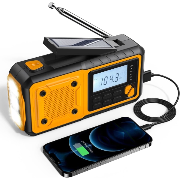 Solardriven radio med vev, vevradio med mobiltelefonladdningsfunktion, 4000mAh nödradio med FM/AM-radio, LED-ficklampa, SOS-larm, vattentät