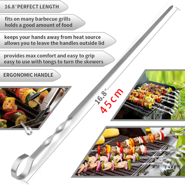 Grillspett i rostfritt stål 10 val Breda platta spettstavar för Kebab Kött Frukt Grönsaker Säker, hållbar och återanvändbar för grilltillbehör 45 cm