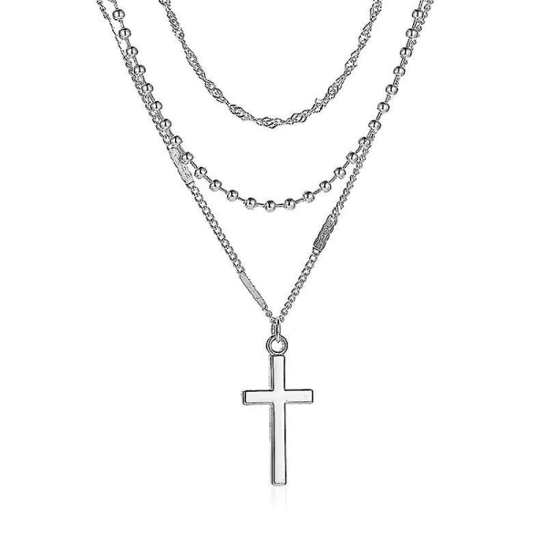 Korshalsband Män Rostfritt Stål Silver Layered Rep Chain Cross Pendant Halsband,barn,hona