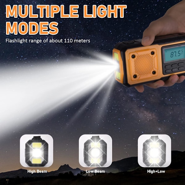 Solradio, Bärbar Radio, Nödväder 4000mAh Handvevradio med FM/AM(MW)/SW/WBA Dynamoradio, med LED-ficklampa/SOS-alarm/USB-kabel för