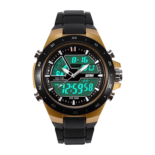 Herr Man Armbandsur Analog Digital Bakgrundsbelysning Dubbeltid Rund Watch Guld Svart