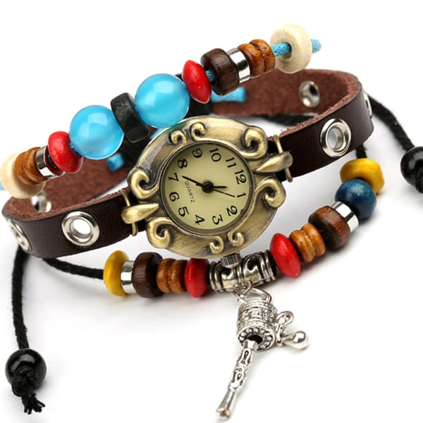 Vintage Män Kvinnor Unisex Läder Multi Färgglada Pärlor Armband Watch Quartz Armbandsur
