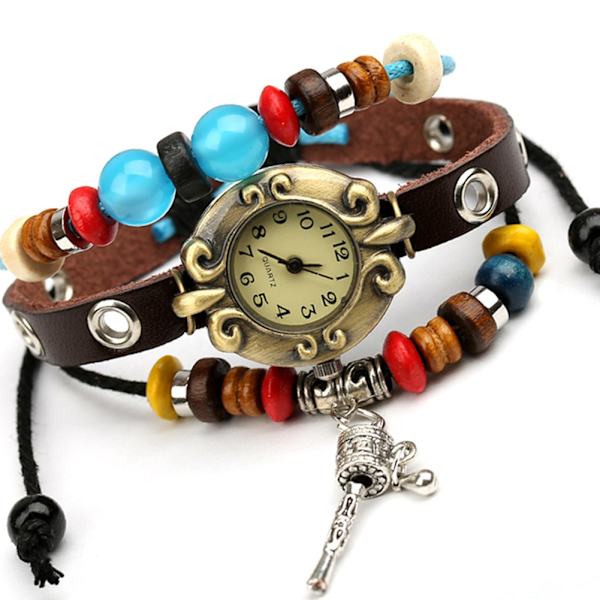 Vintage Män Kvinnor Unisex Läder Multi Färgglada Pärlor Armband Watch Quartz Armbandsur